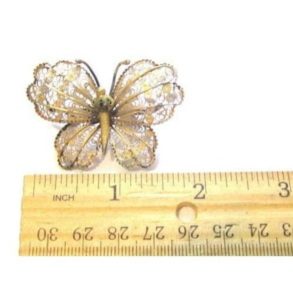 Beautiful 2 Tone Vintage Solid Silver Lacey Filigree‎ Butterfly Brooch Pin 800